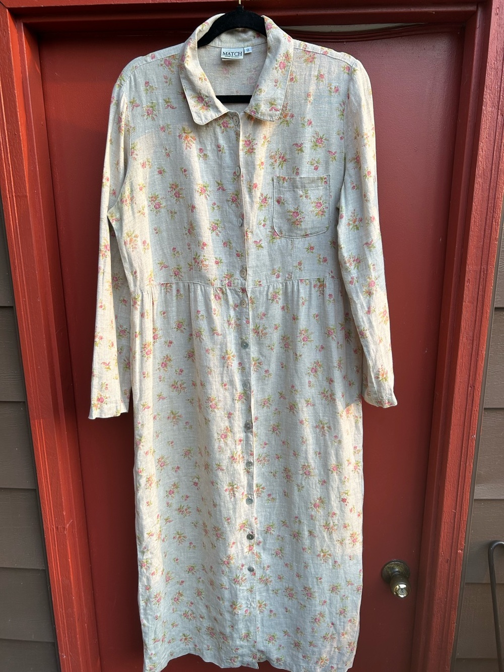 MATCH VTG BOHO 100% LINEN BEIGE FLORAL ALL OVER PRINT MAXI DRESS SIZE 8